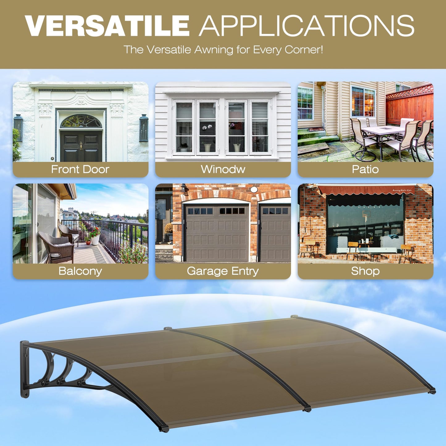 40 inch x 80 inch Window Awning Door Canopy Polycarbonate Cover Outdoor Front Door Patio Sun Shetter (Brown 1pcs)