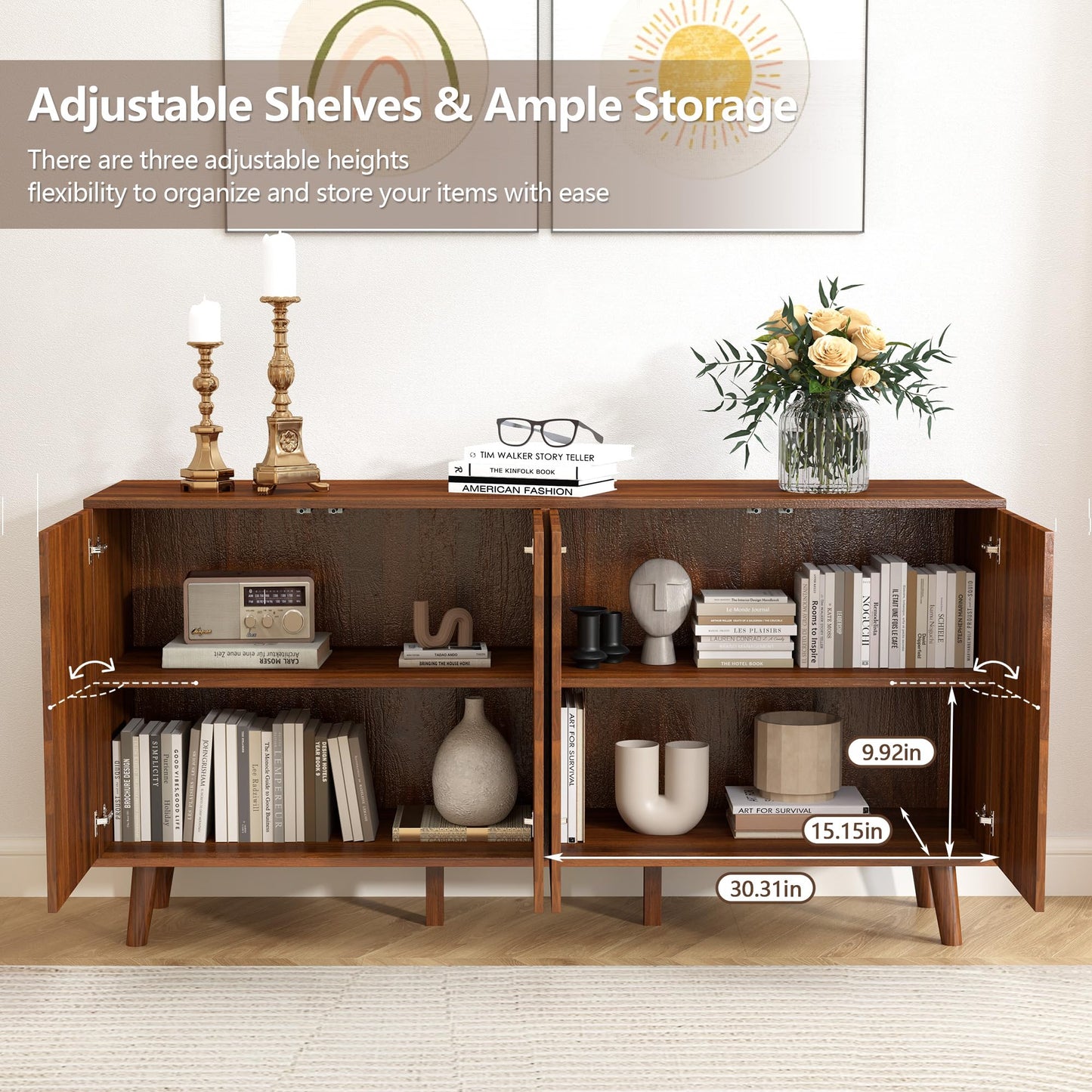 weselon 59" Buffet Cabinet with Storage, Modern Accent Sideboard Storage Cabinet with 4 Doors & Carving Lines, Wooden Coffee Bar Table Console for Living Room Kitchen Office and Hallway (Walnut)