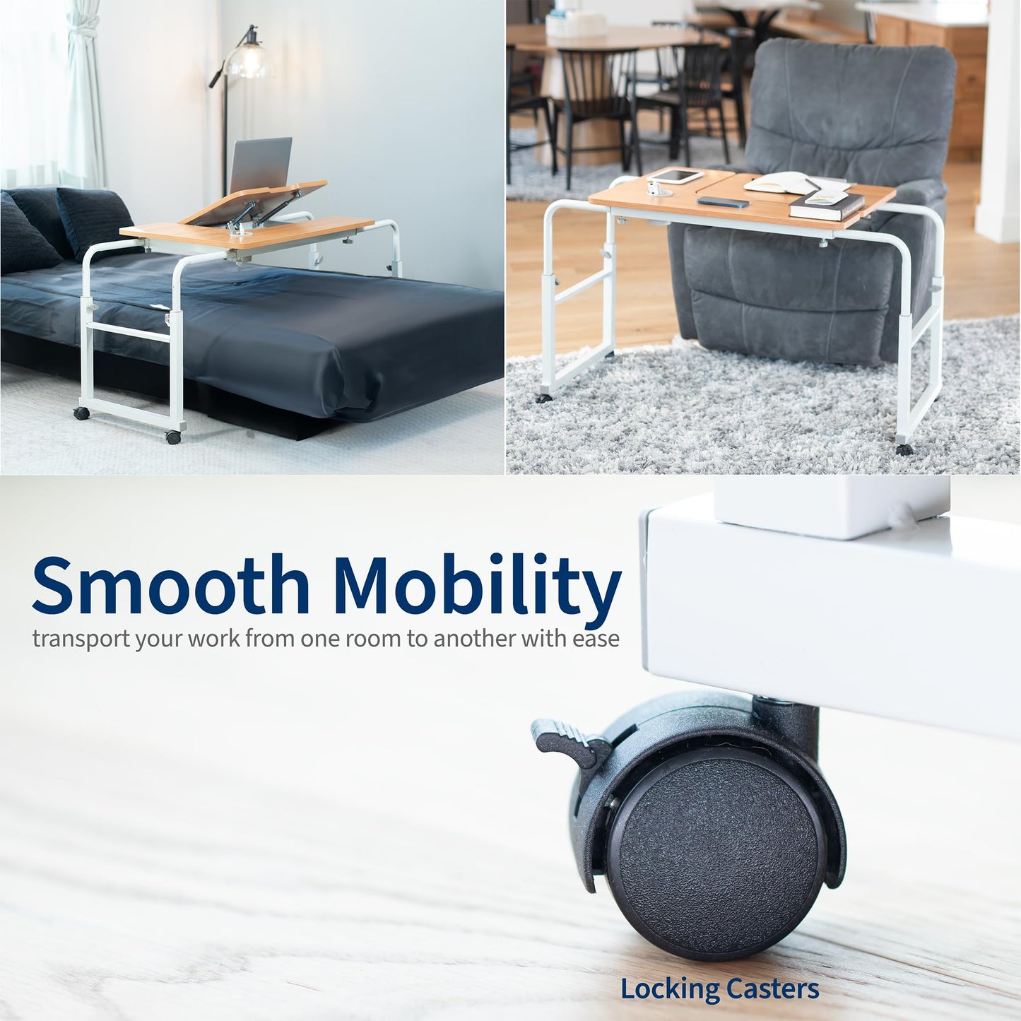VIVO Mobile Over The Bed and Recliner Table, Tilting Laptop Tray with Height and Length Frame Adjustment, Ergonomic Overbed Kids and Adult Desk on Wheels, Light Wood, DESK-V202A