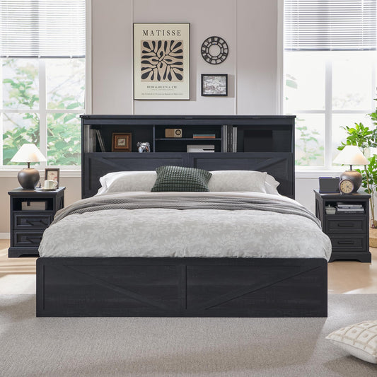 ACCOHOHO King Bed Frame Farmhouse with 52" Storage Bookcase Headboard, 4 Drawers Wooden Bed Frame, LED Light, Charging Station - Black