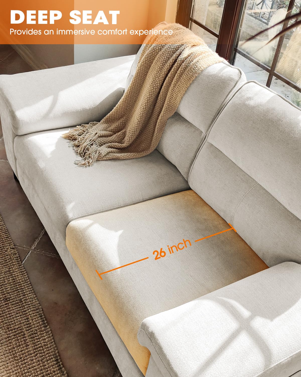 88.97" Modern Couches for Living Room, Deep Seat Sofa with 8”Cushion, Comfy 2-Seater Chenille Loveseat Sofa with Convertible Armrest, Removable Sofa Cover, High Leg (Beige)