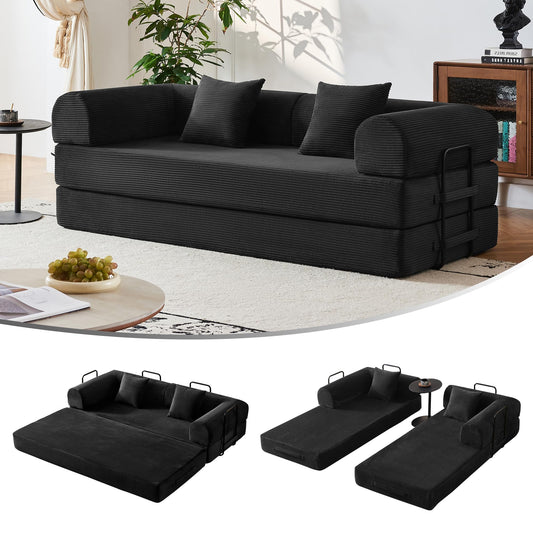 79" Modular Sofa Bed, Convertible Sleeper Sofa Bed, Couch Bed with Fixed-Shape Frame, Corduroy Floor Sofa Lounge Couch, Couches for Living Room with 2 Pillows, No Assembly Required, Black