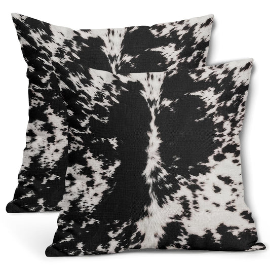 Western Cowhide Print Pillow Covers 18X18 Inch Set of 2 Black White Cow Spots Decorative Pillow Cases Farmhouse Pillowcase Cotton Linen Cushion Case Rustic Home Decor for Couch Sofa Porch Outdoor