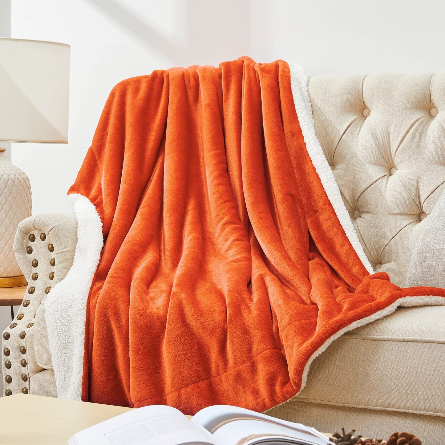 Walensee Sherpa Blanket (Throw Size 60”x80” Orange) Super Soft Fleece Plush Blankets for Bed, Couch, Sofa, Fuzzy Warm Cozy Microfiber Flannel Lightweight Throw Blanket for Adults, Man, Woman