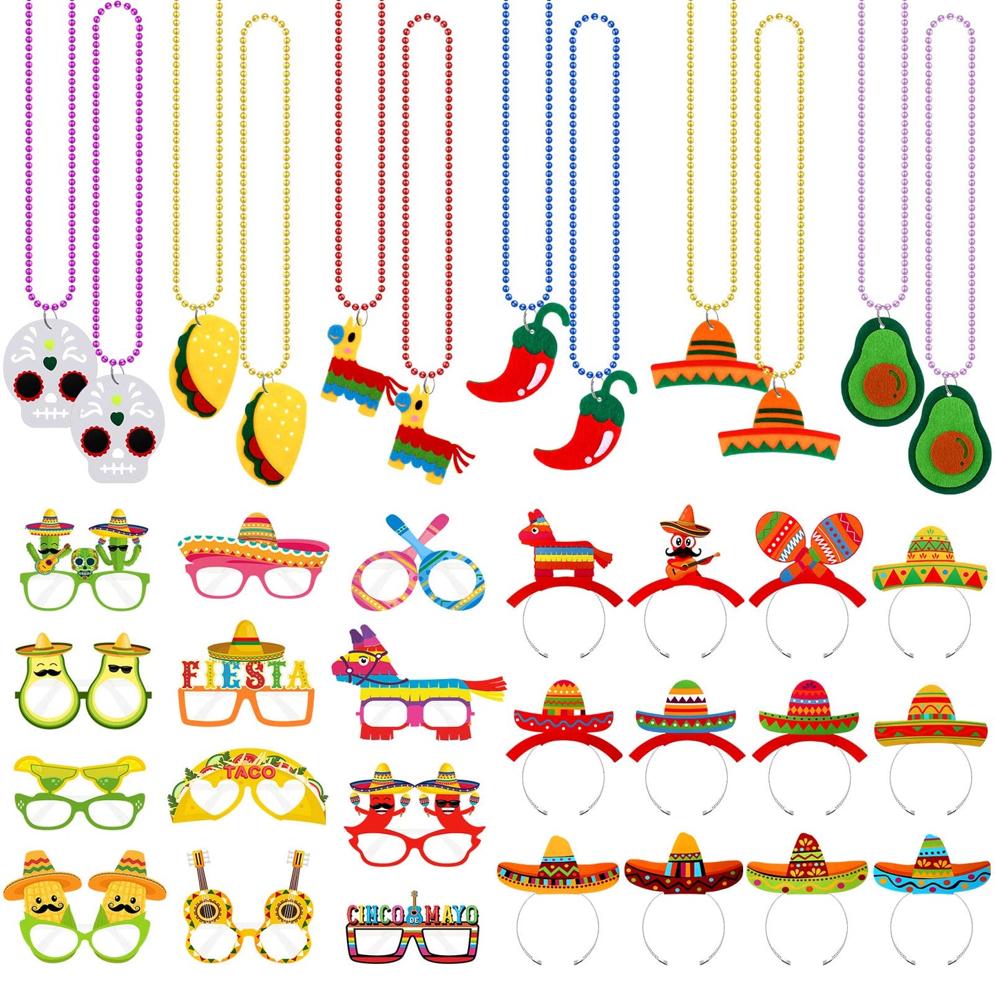 36 Pcs Mexican Fiesta Party Decorations Include 12 Sombrero Hats Headbands 12 Eyeglasses 12 Cinco De Mayo Necklaces Bead, Mexican Party Supplies Wear for Fiesta Party Wear Decorations Props Favors