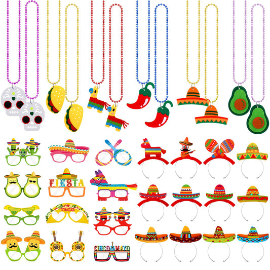 36 Pcs Mexican Fiesta Party Decorations Include 12 Sombrero Hats Headbands 12 Eyeglasses 12 Cinco De Mayo Necklaces Bead, Mexican Party Supplies Wear for Fiesta Party Wear Decorations Props Favors