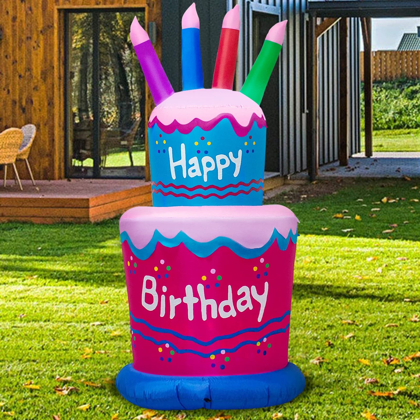 6FT Inflatable Birthday Cake Decoration,Birthday Blow up Cake Outdoor Decor with LED Lights，Light-up Happy Birthday Sign for Yard Lawn, Inflatable Outdoor Holiday Yard Decoration(Blue & Pink)
