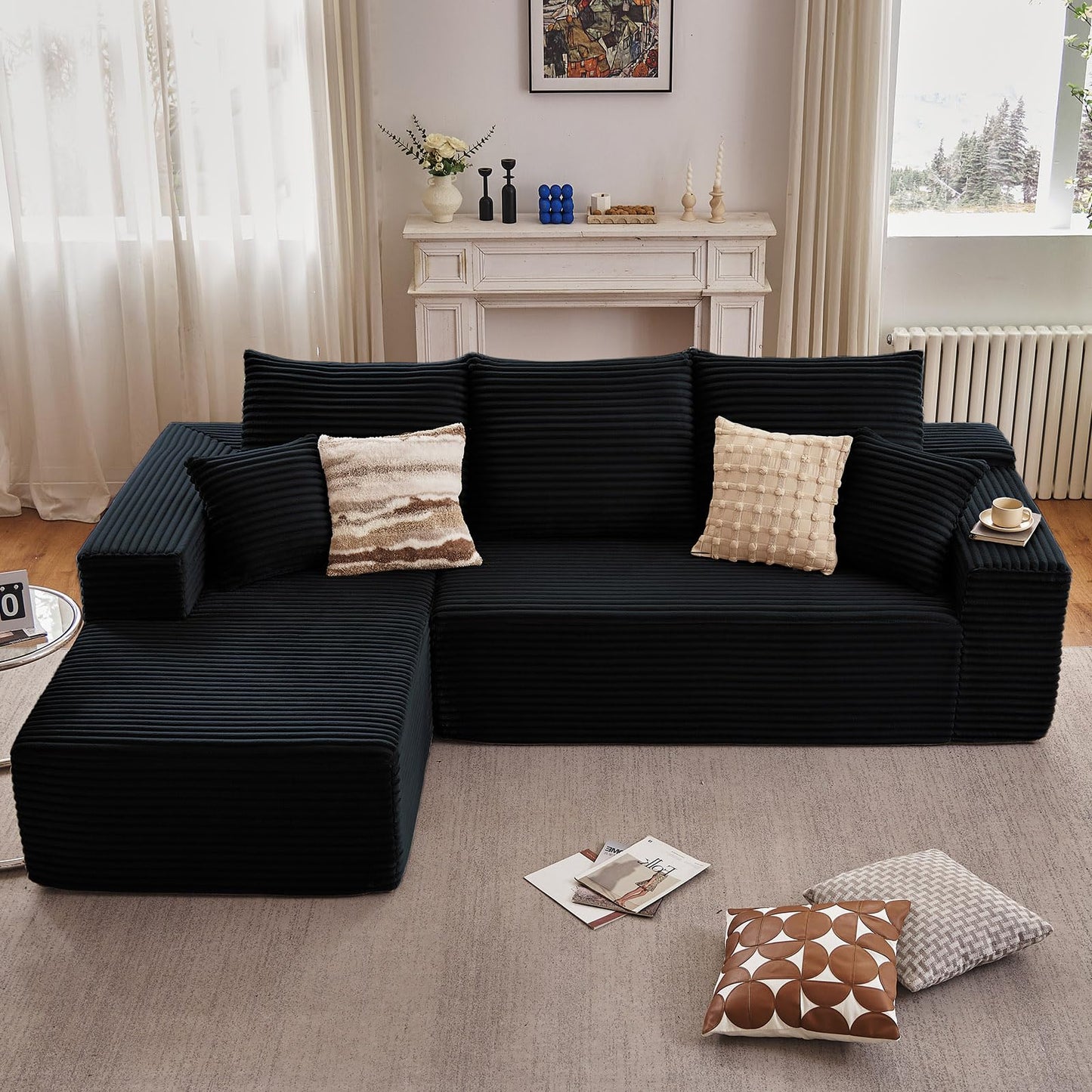 107" Cloud Sectional Couch with L-Shape Chaise, Modern Modular Comfy Sofa with Deep Seat, Upholstered Corduroy Couches Sleeper Chaise Longue for Living Room Bedroom, No Assembly Required, Black
