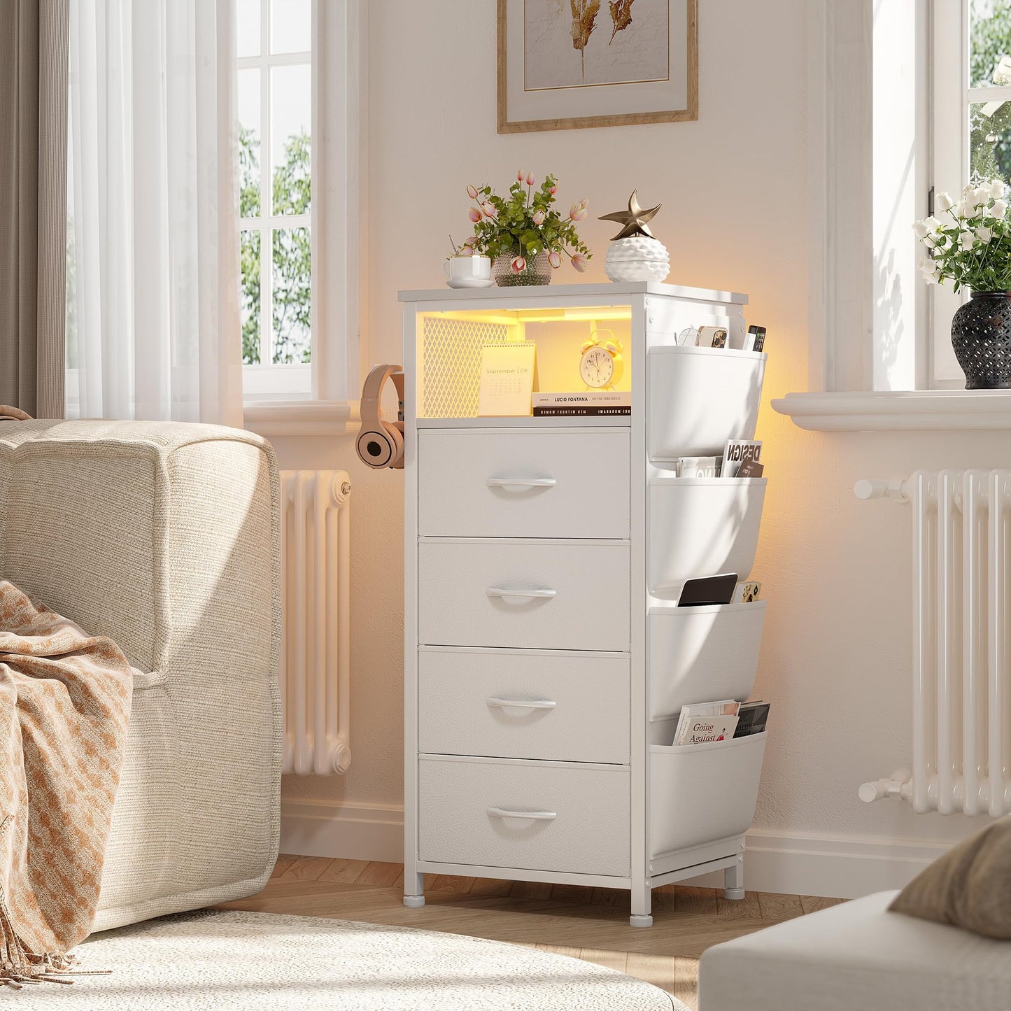 White Nightstand Set of 2,LED Night Stand with Charging Station,Fabric Dresser for Bedroom, Hallway, Entryway, Living Room, Closet, Sturdy Steel Frame, Wood Top, Cloth Bags, Hooks, White