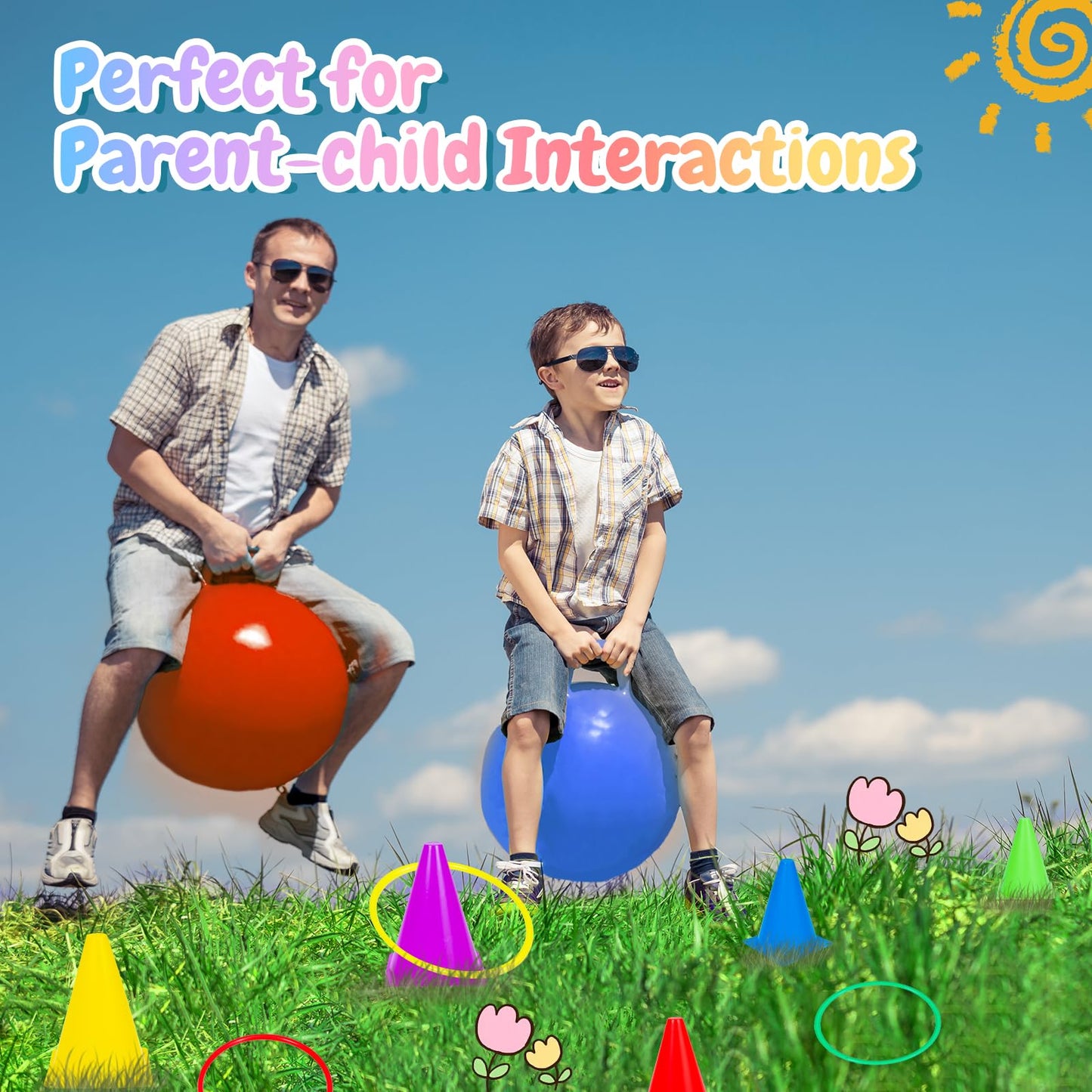 35PCS 4 in 1 Carnival Outdoor Games Combo Set for Kids, Soft Plastic Cones Bean Bags Ring Toss Game, Activity Agility Set with 2 PCS 18" Hopper Balls, Birthday Party Yard Lawn Games