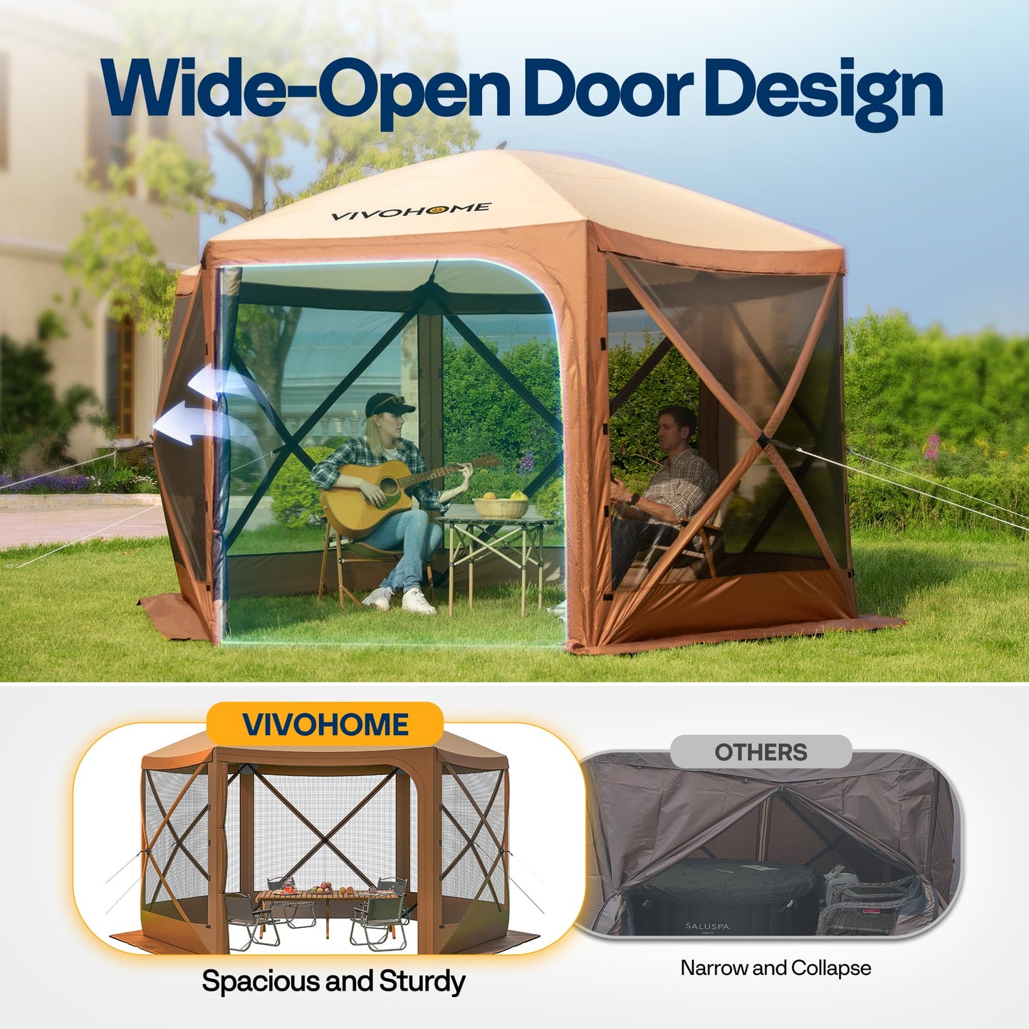 VIVOHOME 12x12ft Pop-Up Gazebo Screen Tent, 6-Sided Instant Outdoor Canopy Shelter with Large Main Door, Wind Panels, and Screens for Outdoor Parties, Camping, Lawn and Backyard