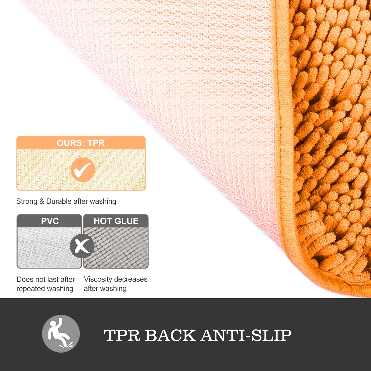 Yeaban Orange Bathroom Rugs – Thick Chenille Bath Mats | Absorbent and Washable Bath Rug Non-Slip, Plush and Soft Rugs for Bathroom, Kitchen, Shower, Sink - 17" x 24"