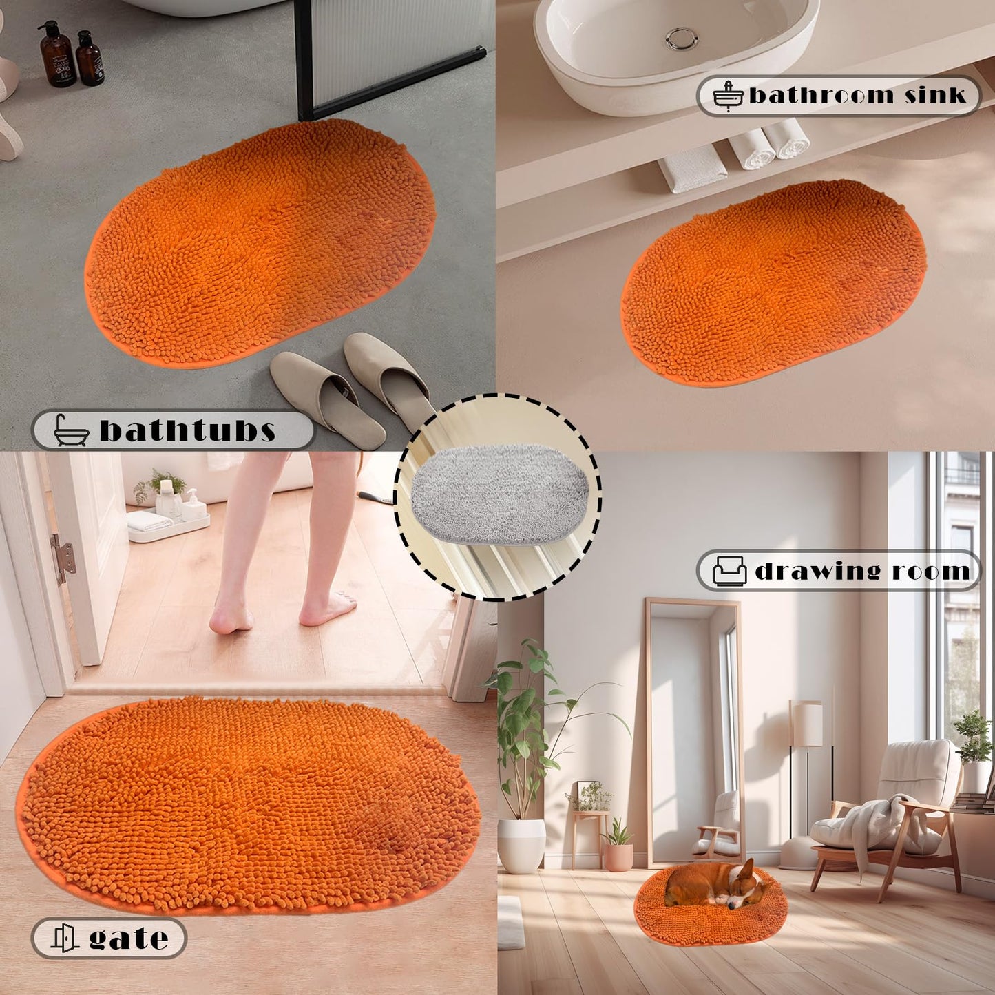 XYSaiXuan Oval Chenille Bathroom Rug, Ultra Soft Microfiber Shaggy Bath Mat, Machine Washable Thick Fluffy Carpet Rug, Non-Slip Water Absorbent Shower Mat for Bathroom, Shower (Orange,16''×24'')