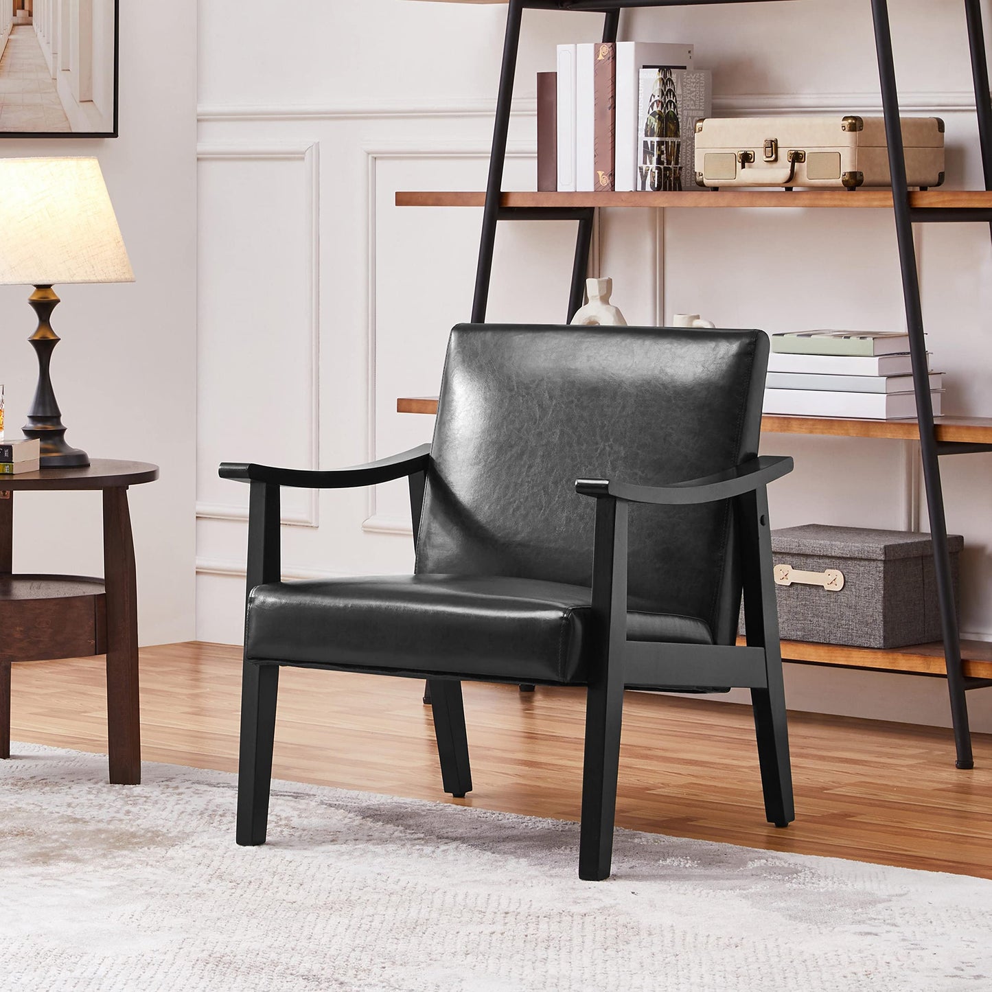 Yaheetech PU Leather Accent Chair, Mid-Century Modern Armchair with Solid Wood Legs, Reading Leisure Chair with High Back for Living Room Bedroom Waiting Room, 2 Pieces, Black