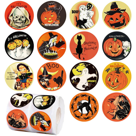 Whaline 1000Pcs Halloween Stickers Roll Retro Halloween Characters Decal Sticker Grimace Pumpkin Witch Ghost Pattern Sealing Labels Round Adhesive Sticker for Halloween Party Favors Decor, 14 Design