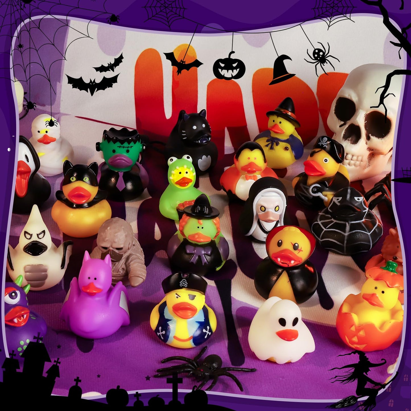 24 PCS Halloween Rubber Ducks with Bag, Bulk Halloween Ducks Toys for Jeeps Ducking Party Favors Goodie Bag Stuffers, Horror Ducks for Halloween Treats Non Candy Prizes Bath Toys Gifts for Kids