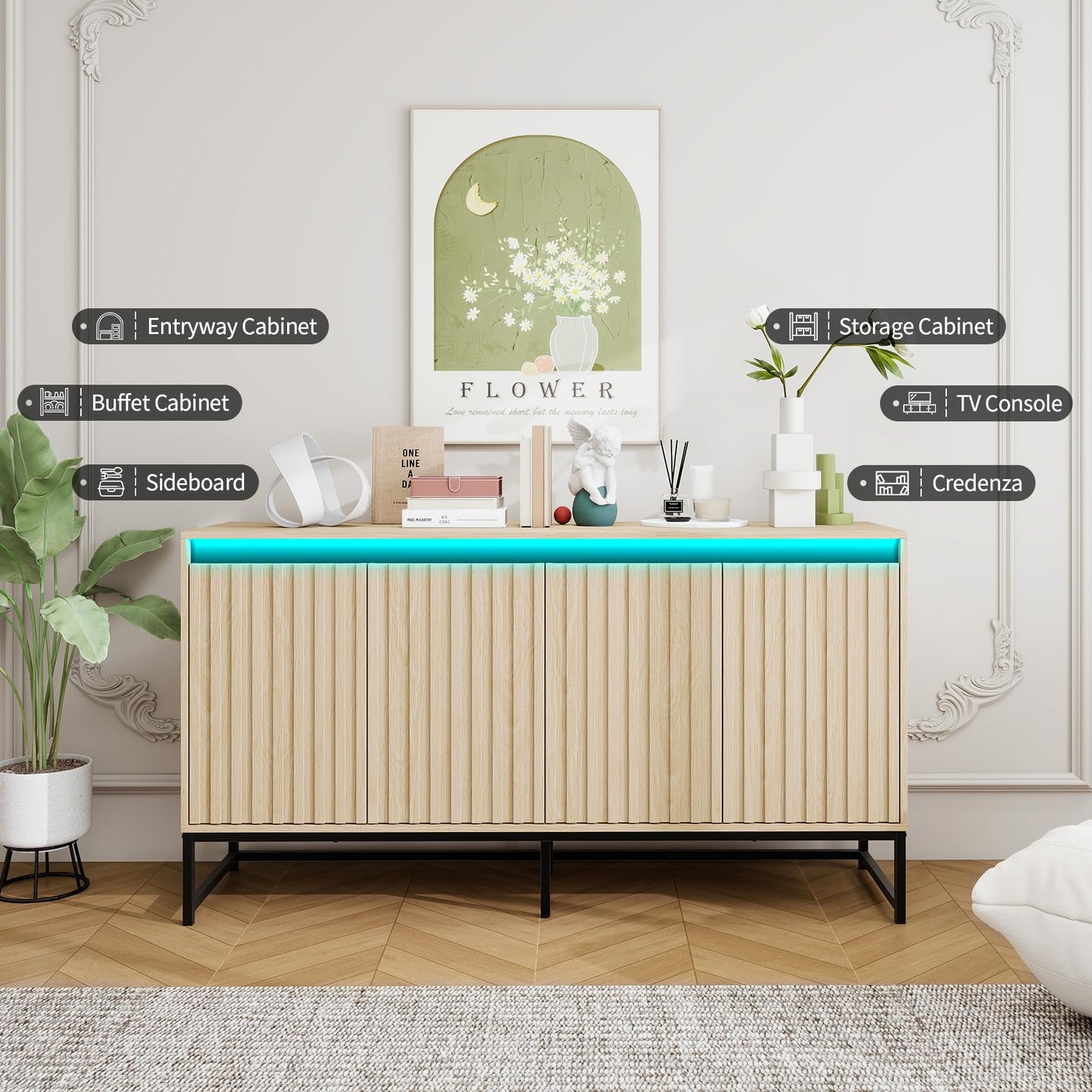 Woenei Fluted Sideboard Buffet Cabinet with Storage, 59" Wood Storage Cabinet with Doors and Adjustable Shelves LED Light, Modern Credenza for Kitchen, Dining Room, Living Room, Entryway, Oak