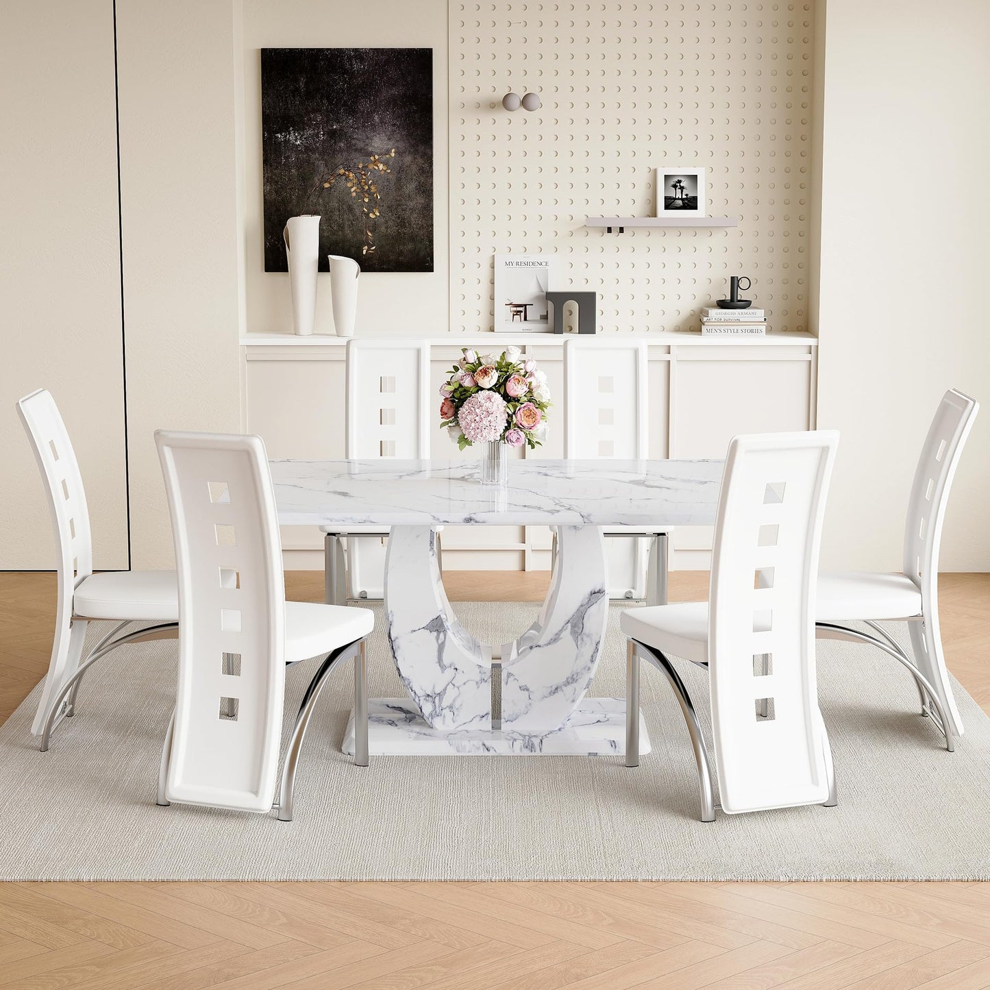 White Dining Chairs Set of 4, Modern Dining Room Chairs Set of 4, Upholstered PU Leather Kitchen Chairs with Silver Metal Legs, High Backrest Armless Seating for Kitchen, Dining Room
