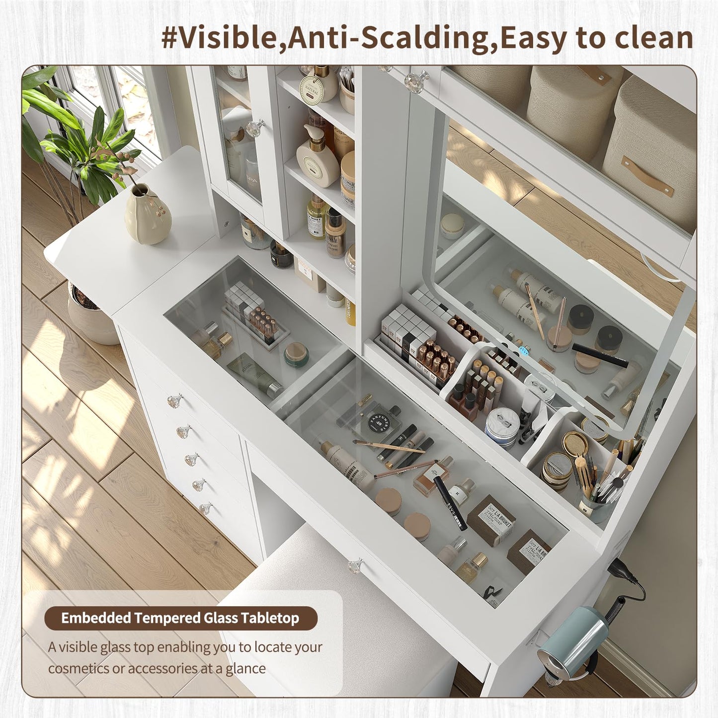 Yanosaku Vanity Desk with LED Mirror, 8 Drawers Makeup Vanity with 7 Shelves & 3 Cabinets, Fold-up Panel & Storage Stool, Dressing Table with Power Outlet, Glass Top Vanity Set for Bedroom, White