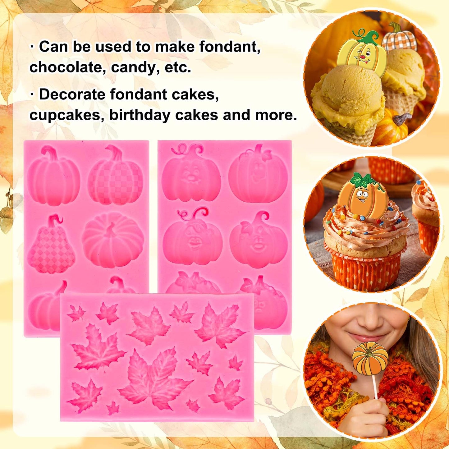 Whaline 3 Packs Fall Thanksgiving Fondant Molds Pumpkin Maple Leaves Silicone Molds Autumn Chocolate Candy Mould for Kitchen Party Baking Sugar Craft Gum Resin Clay Decor Supplies