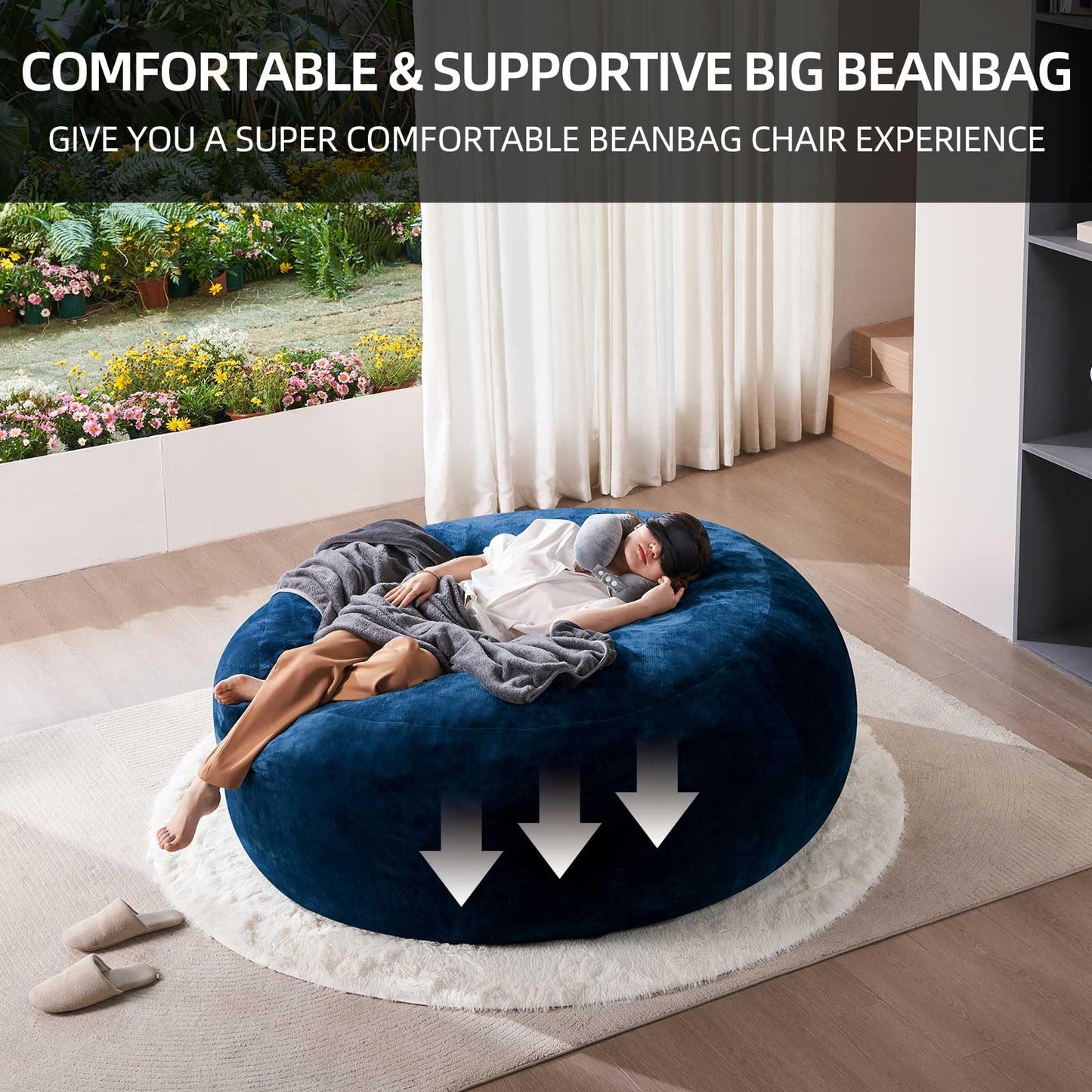6FT Large Bean Bag Chairs Bean Bag Chair with Filler Memory Foam Bean Bag Chair Super Comfy Plush Bean Bag, Adult Living Room, Giant Bean Bag, Suitable for Bedroom, Casual Reading Chair(Blue)