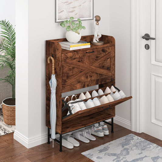 Walmokid Shoe Storage Cabinet for Entryway, Narrow Shoe Cabinet with 2 Flip Drawers, Freestanding Shoe Organizer with Open Storage for Living Room, Entryway, Foyer, Hallway(Rustic Brown,1 Pack)