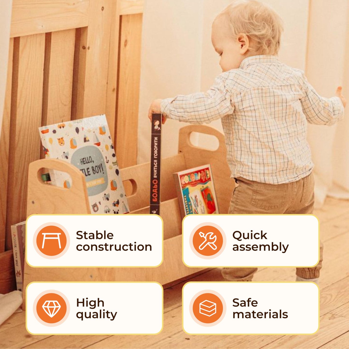 WOOD&ROOM Kids Bookshelf - Montessori Book Display Shelf - Small Bookshelf for Kids Room, Nursery, or Classroom - Wooden Front Facing for Toddlers - Book Rack and Storage Organizer Stand