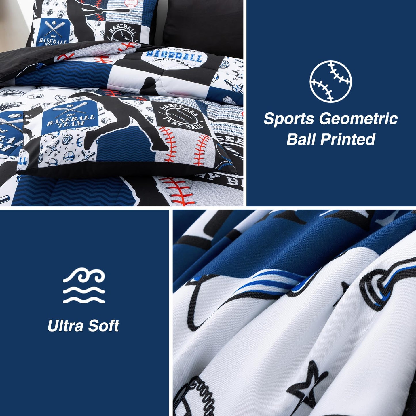 A Nice Night Sports Geometric Grid Black Patchwork Baseball Printed for Boys Twin 6Pcs Bed in A Bag Comforter Bedding Set,Blue