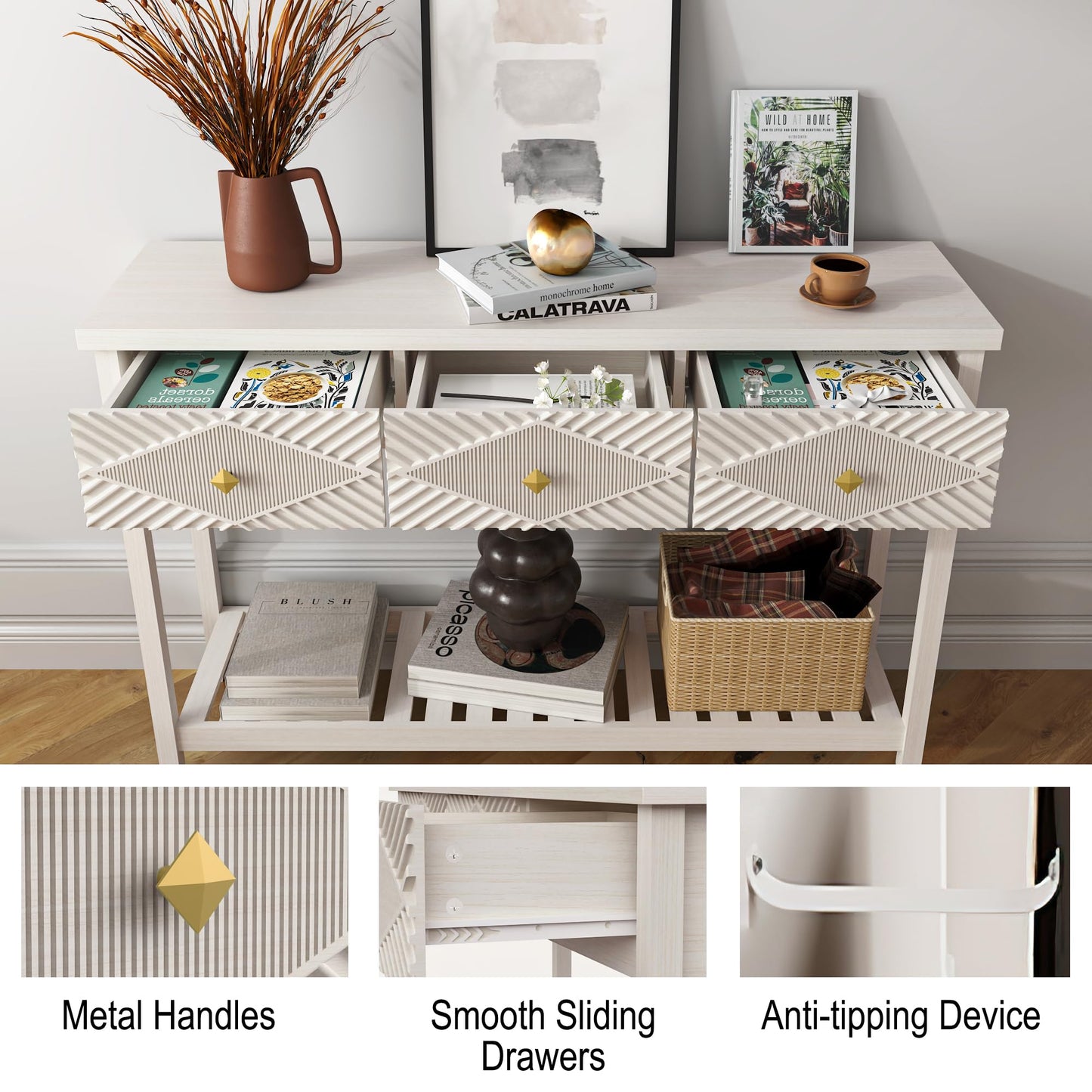 47" Console Table with 3 Drawers, Fluted Wood Entryway Table with Storage Shelf, Narrow Long Sofa Table Modern Behind Couch Accent Table for Living Room, Entryway, Hallway, Foyer