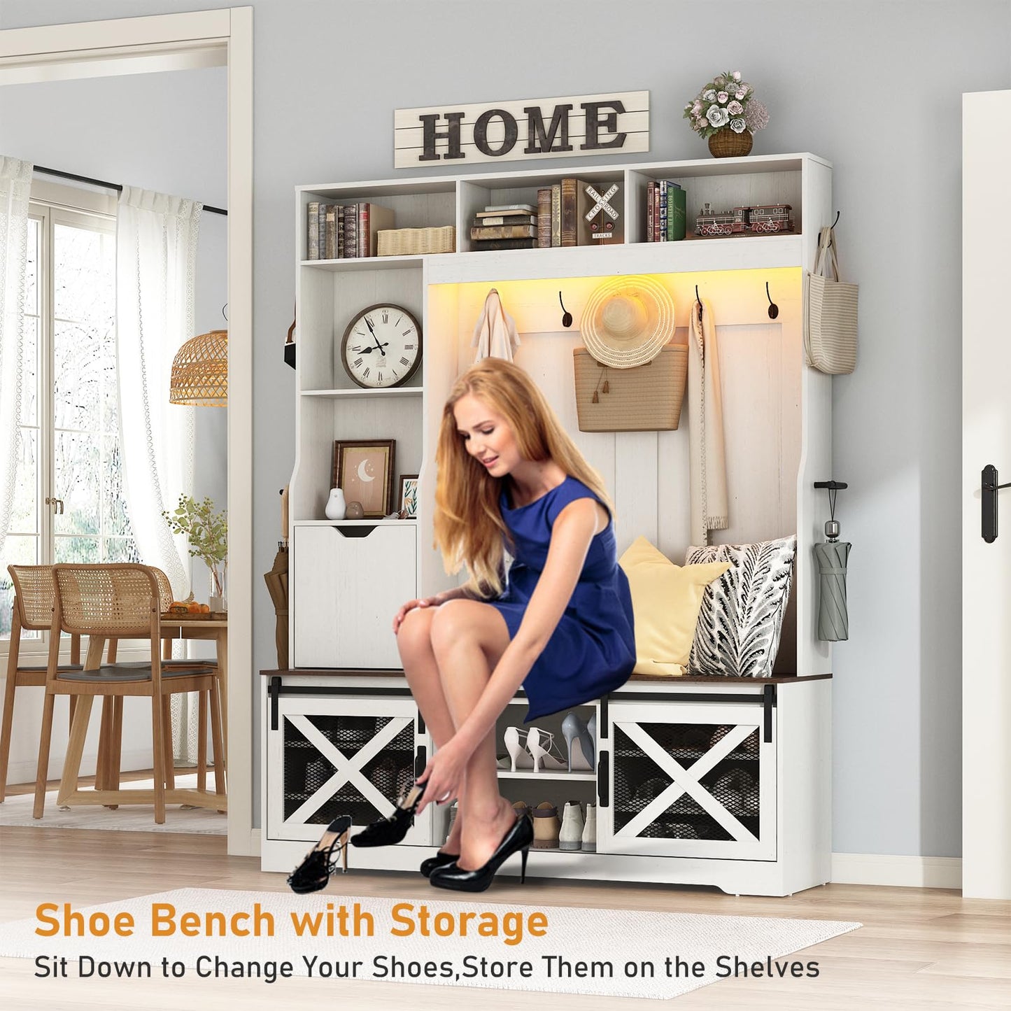 75''H LED Farmhouse Hall Tree with Bench and Shoe Storage,Entryway Bench with Coat Rack,16 Shoe Cubbies & Umbrella Holder and Sock Storage Drawer,Mudroom/Hallway Storages Cabinet(white )