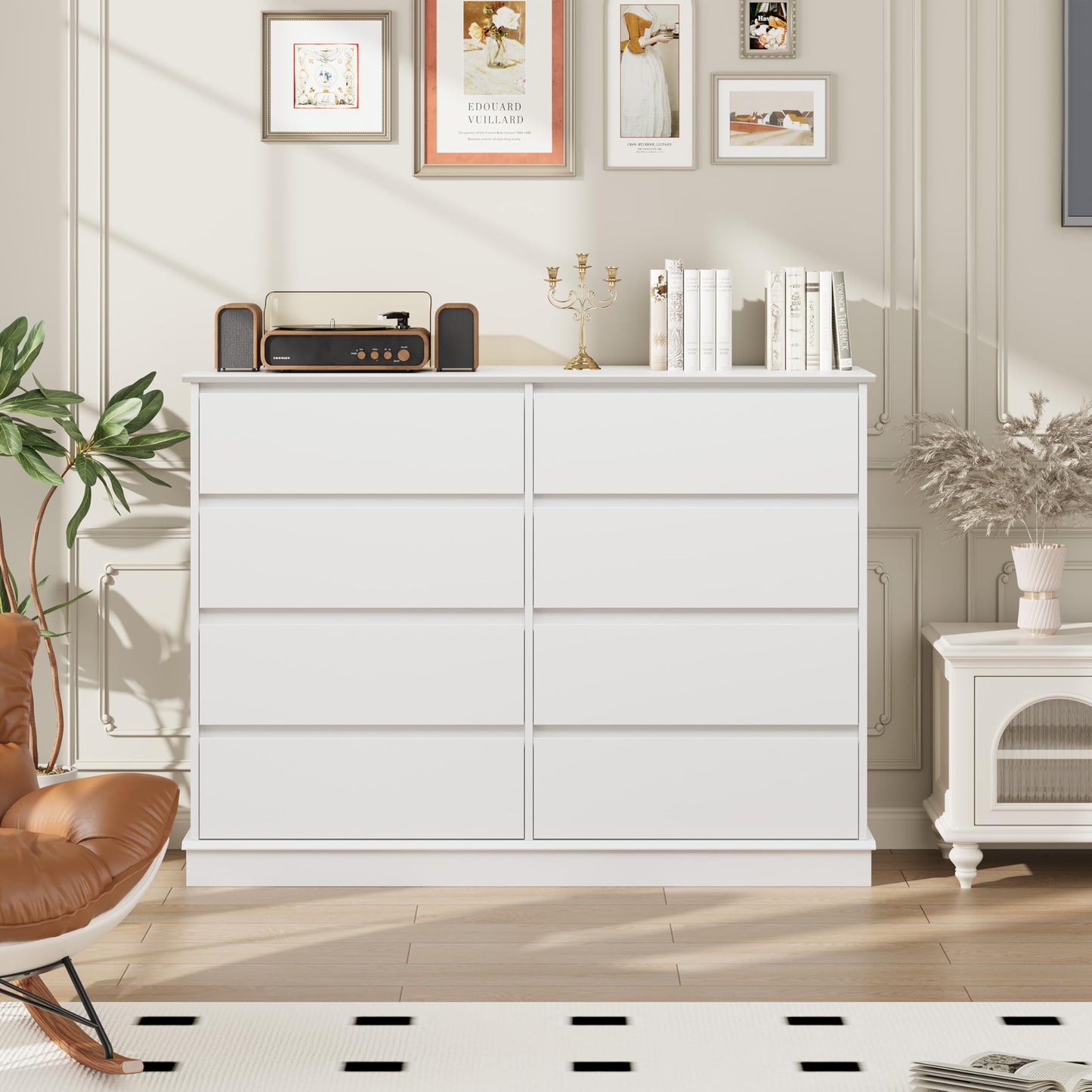 White 8 Drawer Dressers for Bedroom, Chest of Drawers with Deep Drawers, Large Double Dresser for Closet with Wide Top, Horizontal Wooden Dresser for Living Room, Hallway, Kids Room