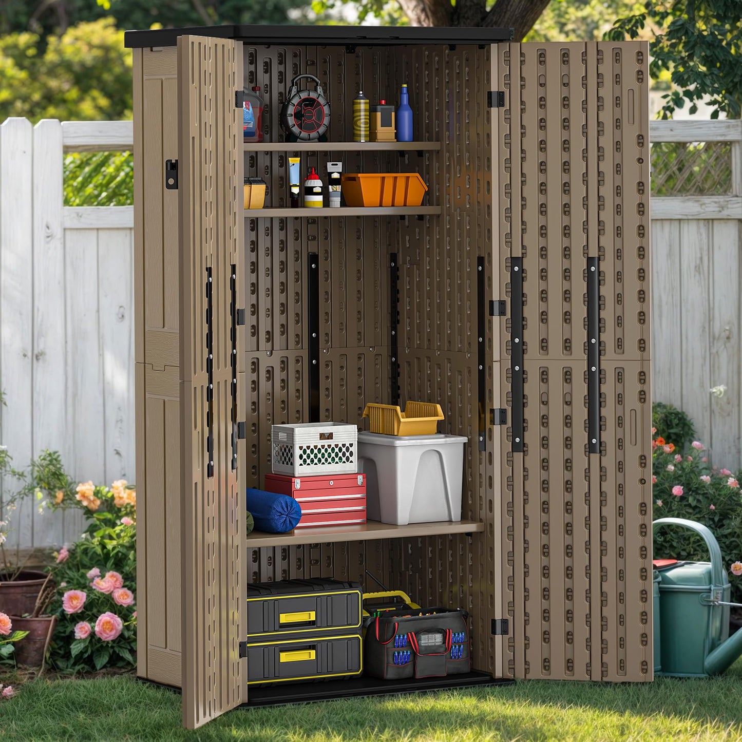 YITAHOME Outdoor Storage Cabinet with 4 Shelves, Waterproof Resin Vertical Tool Shed, Lockable 30 cu. ft. Storage Shed for Patio, Garden, Yard, Brown