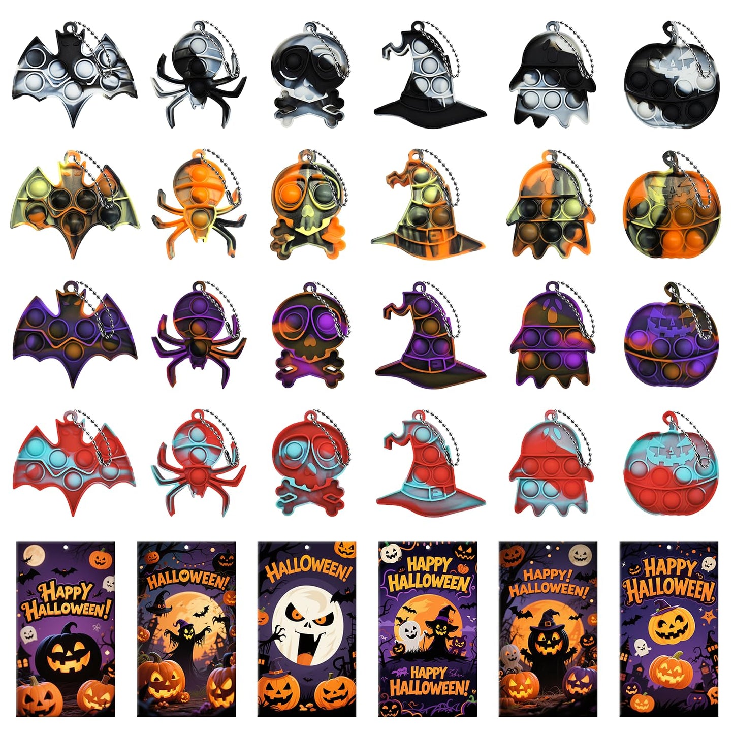 24Pcs Halloween Mini Pop Keychain Fidget Toys with 24 Cards, Halloween Party Favors Supplies, Silicone Mini Pop Toys Bulk for Kids Anxiety Stress Reliever for Adults