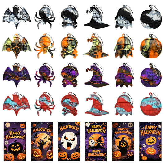 24Pcs Halloween Mini Pop Keychain Fidget Toys with 24 Cards, Halloween Party Favors Supplies, Silicone Mini Pop Toys Bulk for Kids Anxiety Stress Reliever for Adults