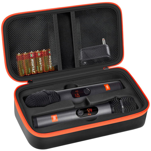 Wireless Microphone Case Compatible with JBL Wireless Two Microphone System, Handheld Dual Mic Travel Bag for Singing or Karaoke for Receivers, Adapters, AA Batteries-Black(Box Only)