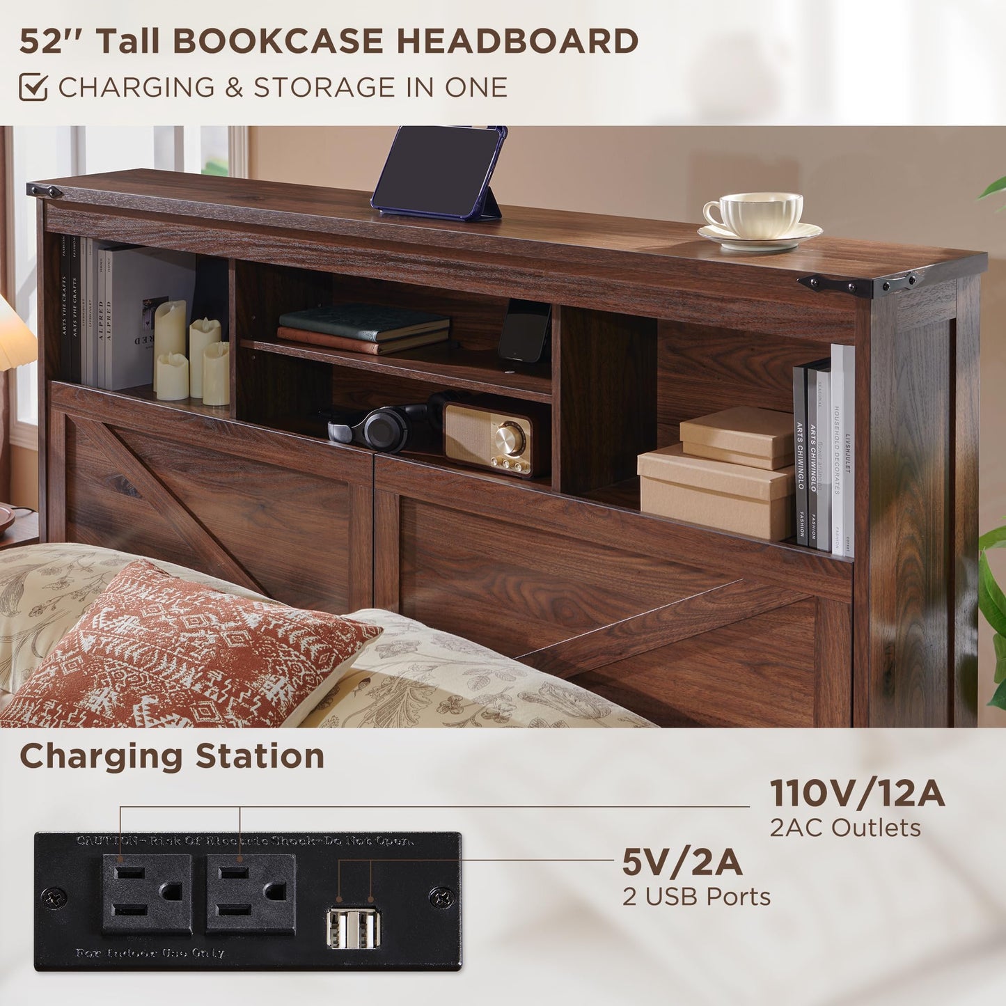 ACCOHOHO Farmhouse Queen Size Wood Bed Frame with 52" Tall Storage Headboard and 4 Drawers,LED Light,Charging Station,Solid Wood Slats Support,Noiseless,No Box Spring Needed,Brown