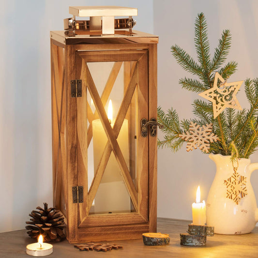 XRKITE Wooden Candle Lantern Decorative, Patio Decor with Stainless Top and Glass, Hurricane Lantern Holder Decor for Indoor Outdoor, Home, Garden, Wedding