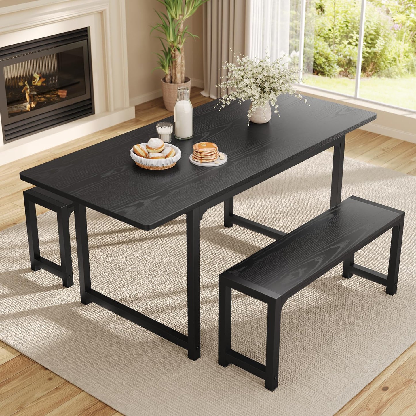 Ahomly Dining Table Set for 4-6 with Bench, 63“ Large Extendable Kitchen Table Set, Dining Room Table with Metal Frame & MDF Board, Perfect for Small Space, Easy Assembly, Black