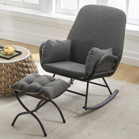 YDcosyfy Outdoor Wicker Rocking Chair with Ottoman, Patio Rocker Chair with Cushions, Steel Frame Support, All-Weather Furniture, for Porch, Balcony, Indoor