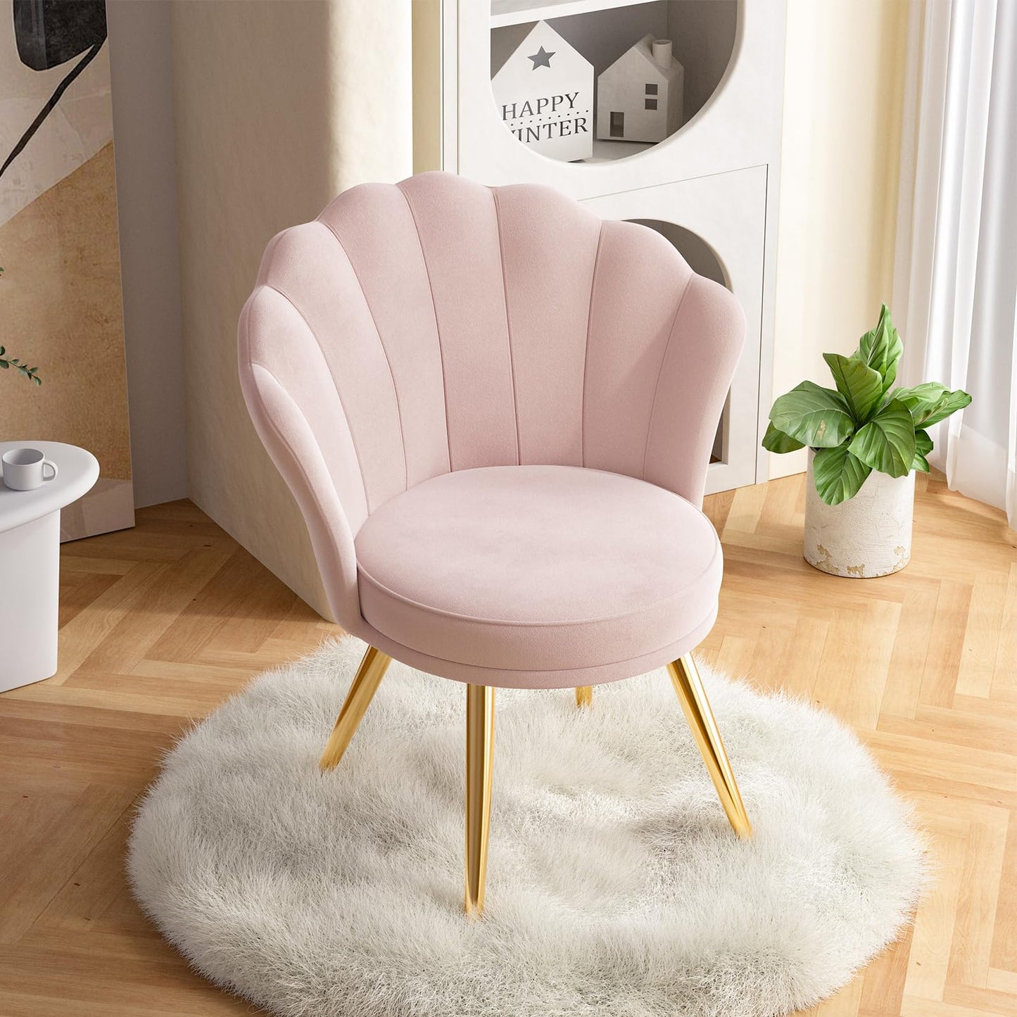 Aivermeil Velvet Accent Chair with Gold Metal Legs, Vanity Chair for Makeup Room, Upholstered Guest Chair for Living Room, for Bedroom, Light Pink