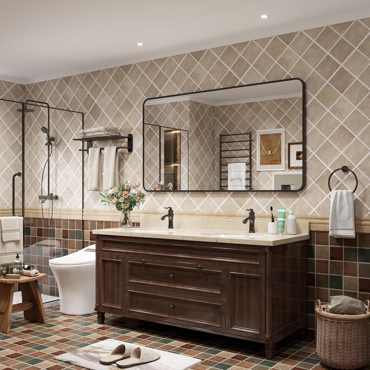 Wanzvisk Black Framed Mirrors for Bathroom,40 x 30 Inch Rounded Conner Rectangle Mirror for Wall, Matte Black Vanity Mirror with Tempered Glass,Anti-Rust,Hangs Horizontally or Vertically