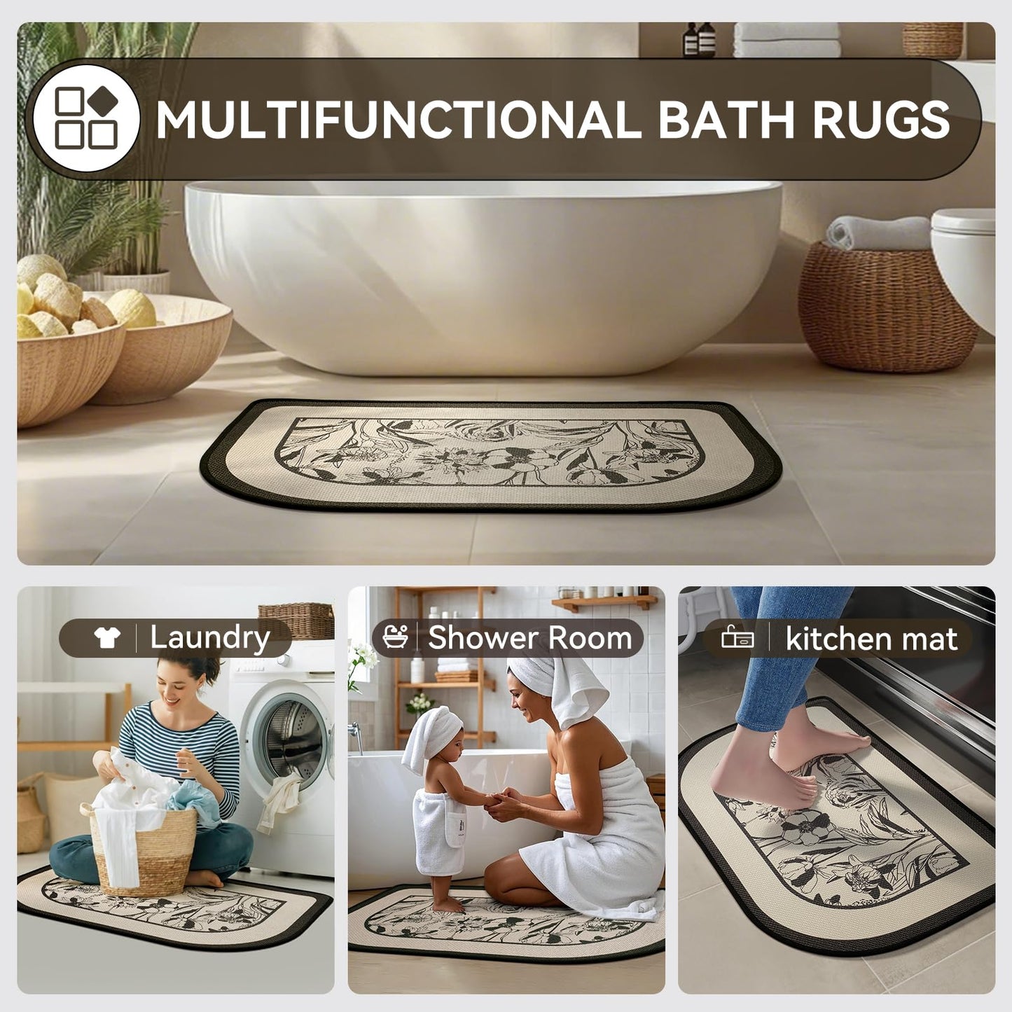 YDKGL Half Circle Bath Mat,Thin Bathroom Rugs Fit Under Door Quick Dry Non Slip Washable Bathroom Mat with Rubber Backing,Absorbent Woven Half Round Shower Rug