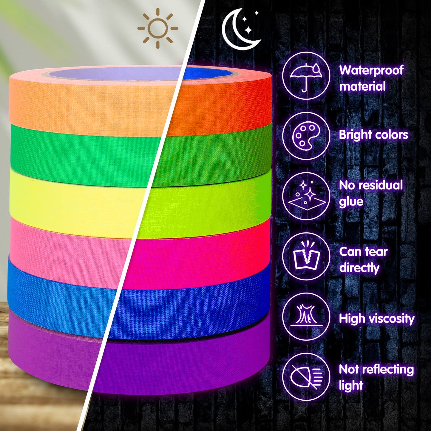 Whaline 6 Colors Neon Gaffer Cloth Tape, Fluorescent UV Blacklight Tape for UV Party (0.6 inch x 60 feet)