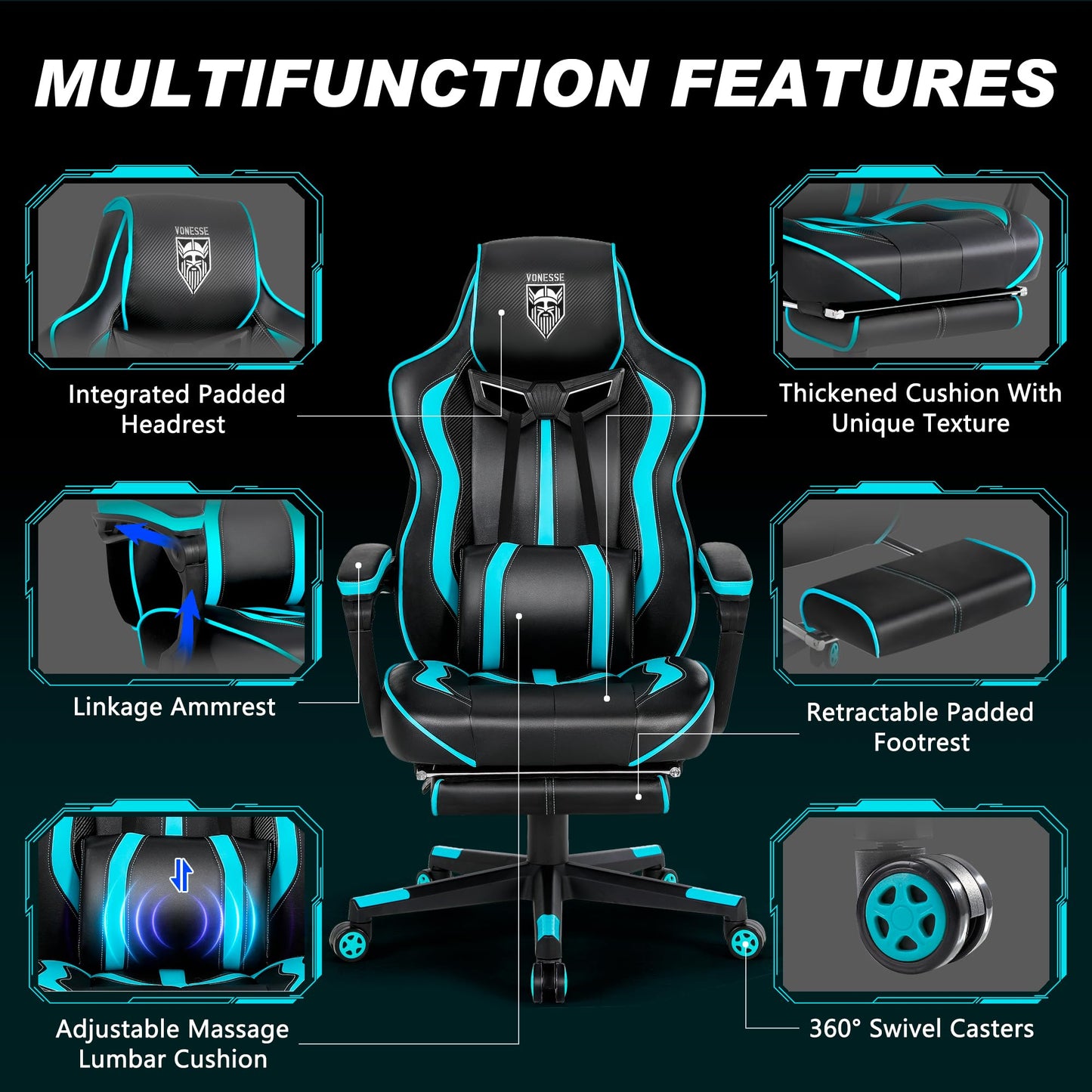 Vonesse Gaming Chairs for Adults, Gaming Chairs with Footrest Reclining Computer Chair for Heavy People,Big and Tall Ergonomic Gamer Chair with Lumbar Pillow(Teal/Cyan)