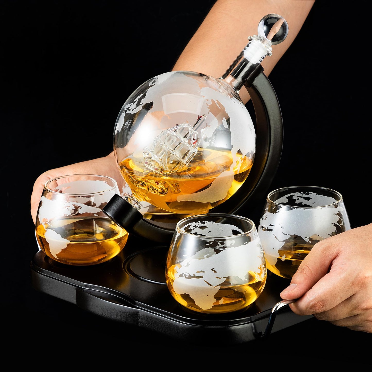 Whiskey Decanter Globe Set, Gifts for Men Husband Boyfriend Dad, with 4 Etched Whiskey Glasses, 4 Ice Cubes, Tong & Funnel, Decanter for Liquor, Bourbon, Scotch, Whisky, Vodka Brandy