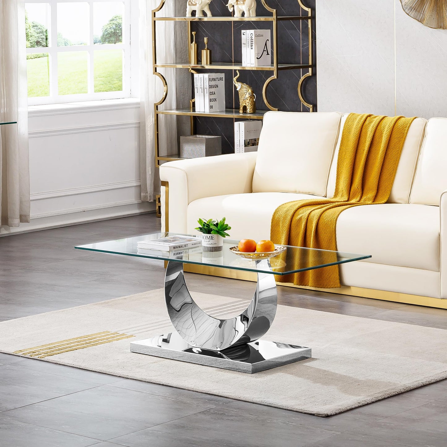 3 Pieces Luxury Silver Living Room Table Set, Modern Glass Coffee Table Set of 3, Rectangle Center Table and 2 End Tables with Moon-Shaped Stainless Steel Base for Living Room Apartment
