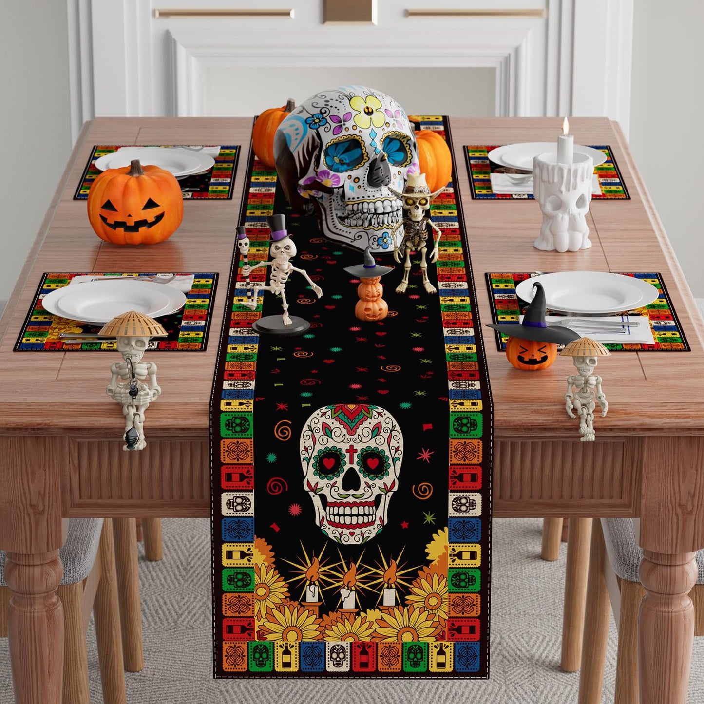 XCHI Sugar Skull Marigolds Floral Dia De Los Muertos Table Runner Candles Day of The Dead Mexican Table Decoration for Home Kitchen Dining Holiday Fiesta Themed Party Decor 13x72 Inch