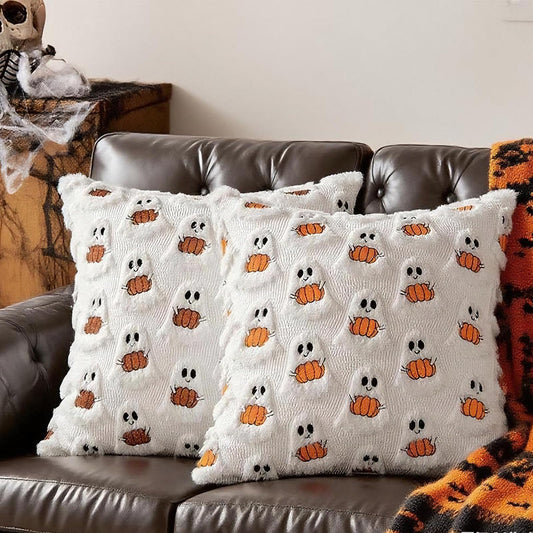 XLMJDZQ Halloween Decor Throw Pillow Covers Set of 2-18x18 Inches Ivory Cute Ghost Hugging Pumpkin, Plush Soft for Spooky Season & Cozy Fall Decor