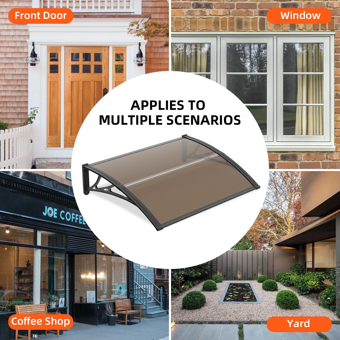 Window Awning Door Canopy 32"x120", Awnings for Doors Polycarbonate Cover Patio Door Awning UV Rain Snow Sunlight Protection Hollow Sheet, Black Bracket & Brown Board