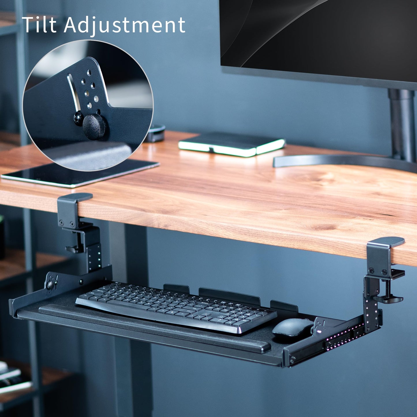 VIVO Premium Large Keyboard Tray with Height Adjustment, Tilt, Extra Sturdy Swivel C-Clamps for Corner Mounting, 27 (34 Including Clamps) x 11 inch Slide-Out Platform, Black, MOUNT-KB05HT